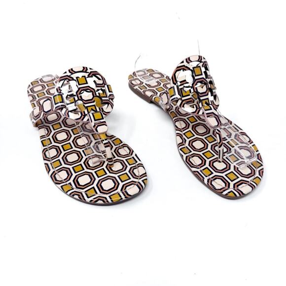 TORY BURCH Yellow Pink Geometric Print Patent Leather Miller Sandals Size 8 - Picture 1 of 10